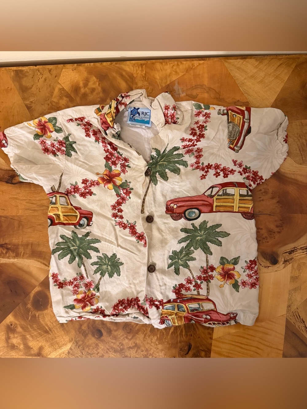 RJC Hawaiian Shirt Rayon Vintage Kids 4T Button Up Woody Wagon Palm Trees